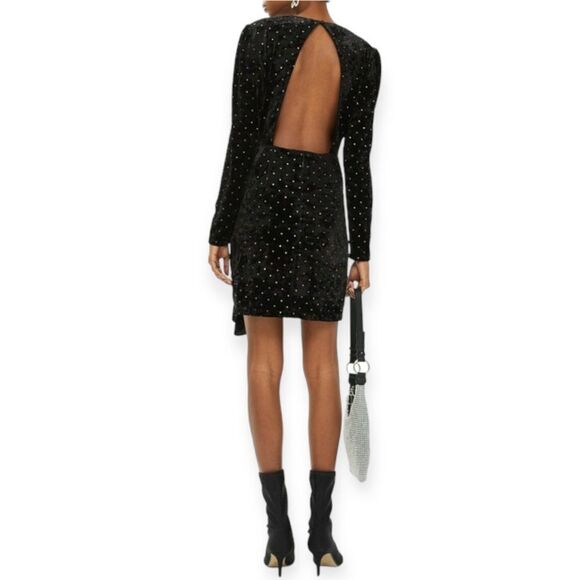 Topshop Black Velvet Rainbow Stud Dress Ruffle Formal Party Cocktail Open Back 2 - Picture 2 of 8